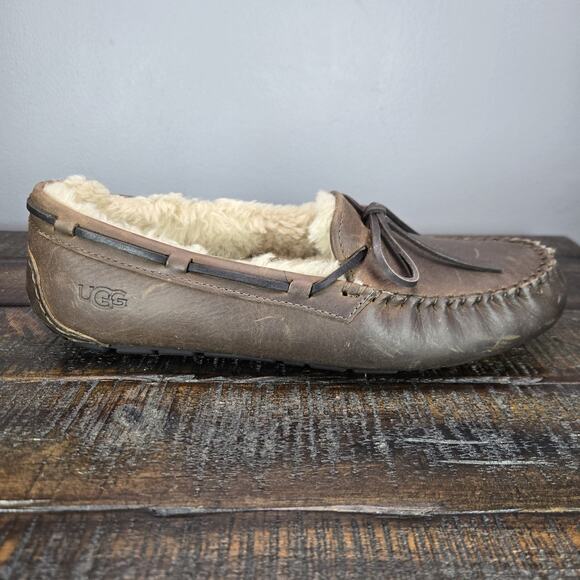 NEW UGG Olsen Slipper Mens Size 8 Leather Fuzzy Warm Slip On Shoes Loafers Brown main image 5